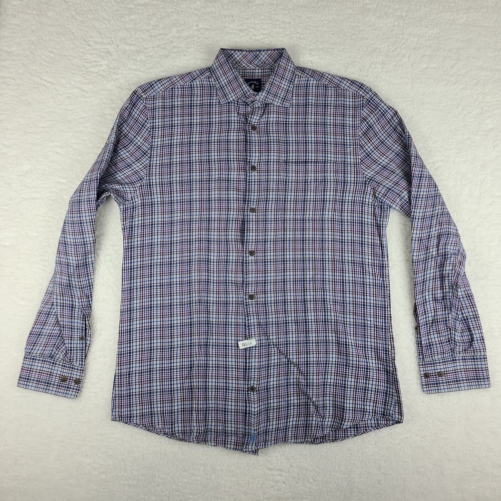 Johnnie O Shirt Mens Medium Blue Gray Brown Top Shelf Dress Flannel Button Down